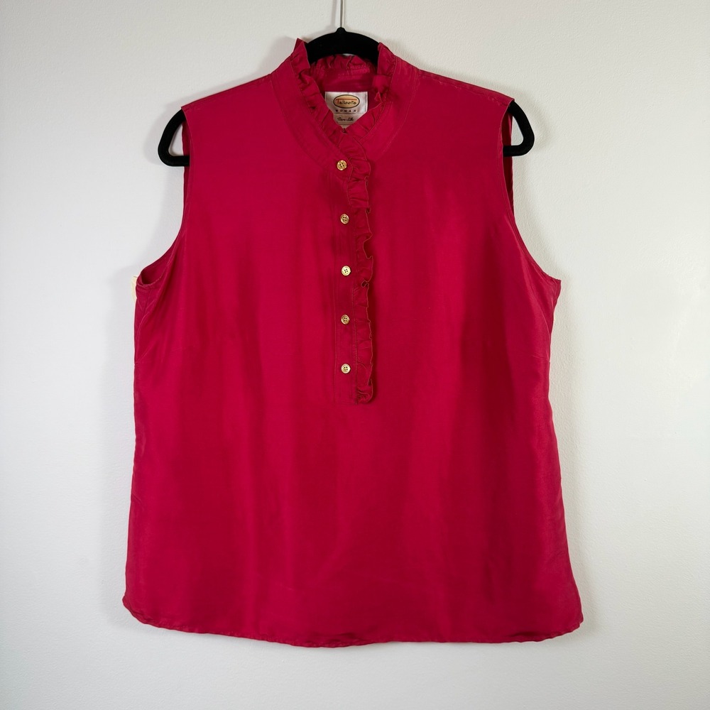 Talbots‎ 100% Silk Sleeveless Blouse Dark Red Ruffle Mock Neck Size 14 L
